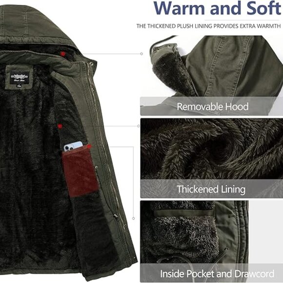 NWT Men's Winter Sherpa Coat Casual Military Parka with Removable Hood Sz L - Picture 3 of 6